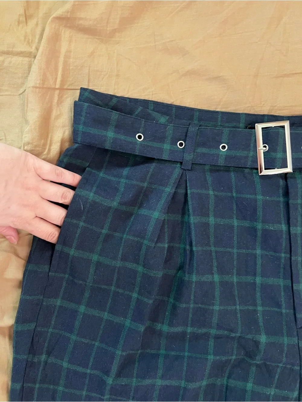 High-Rise Dark Green Plaid Tailored Trousers with Belt